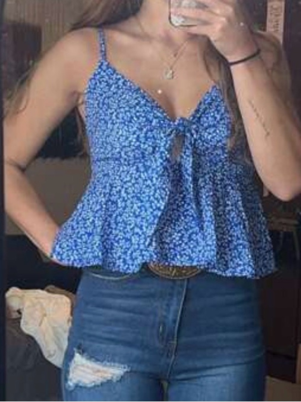 Boho Floral Print Front Tie Cut out Ruffle Hem Cami Top
